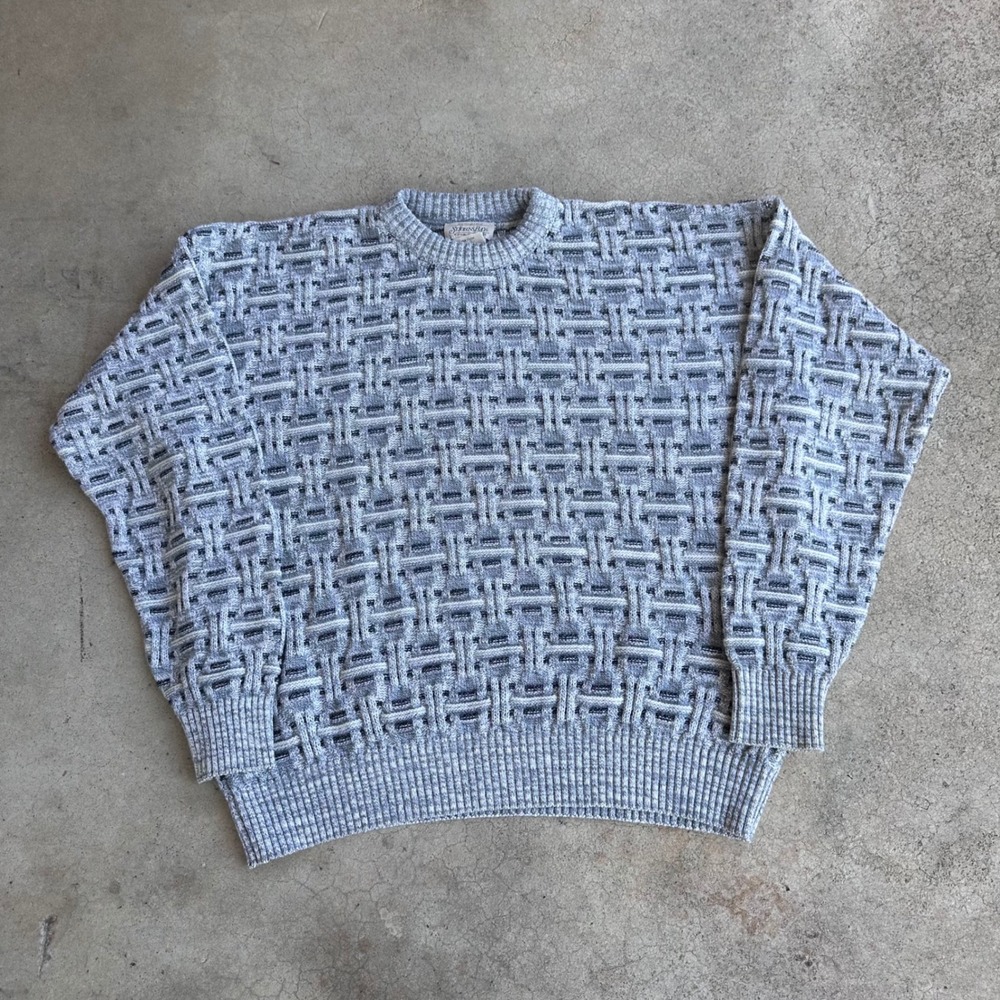 St Johns Bay Sweater Mens L Grey Excellent 3D Basketweave Knit Crewneck Pullover